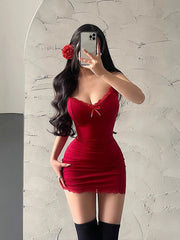 Sexy Summer Mini Dress Women Lace Red Camisole Sundress Sleeveless V-Neck Basic Bodycon Dresses Lady Club Party Y2k Clothes