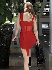 Sexy Summer Short Dress Women Solid Spaghetti Strap Bodycon Swinging Collar Club Party Dresses Y2K Mesh Patchwork Vestidos New