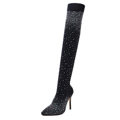 Sexy Crystal Thigh High Stretch Sock Boots Pointed Toe Over-the-Knee Heel Stripper Shoes Size 35-43