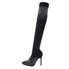 Sexy Crystal Thigh High Stretch Sock Boots Pointed Toe Over-the-Knee Heel Stripper Shoes Size 35-43