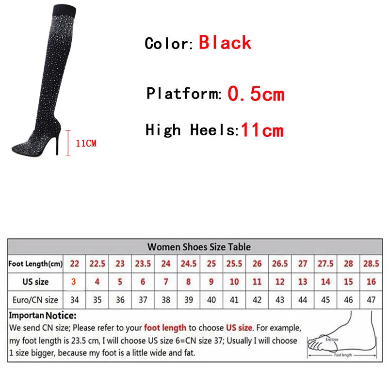 Sexy Crystal Thigh High Stretch Sock Boots Pointed Toe Over-the-Knee Heel Stripper Shoes Size 35-43