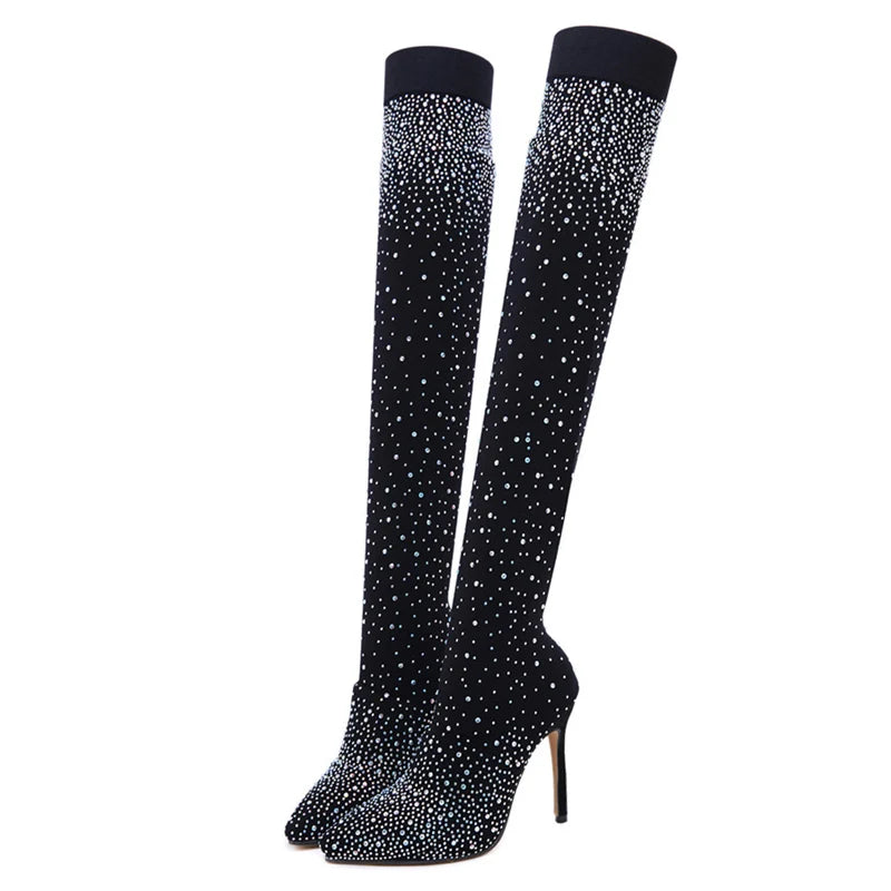 Sexy Crystal Thigh High Stretch Sock Boots Pointed Toe Over-the-Knee Heel Stripper Shoes Size 35-43