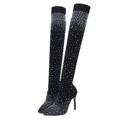 Sexy Crystal Thigh High Stretch Sock Boots Pointed Toe Over-the-Knee Heel Stripper Shoes Size 35-43