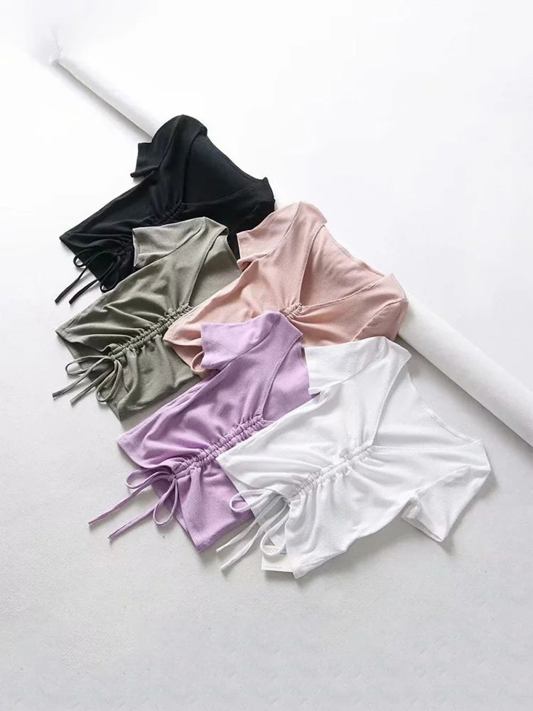 Sexy V Neck Cropped Tank Tops Women Drawstring Tie Up Front Camis Candy Colors Streetwear Slim Fit Ribbed Crop Top 2024