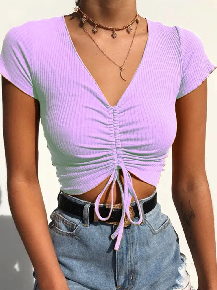 Sexy V Neck Cropped Tank Tops Women Drawstring Tie Up Front Camis Candy Colors Streetwear Slim Fit Ribbed Crop Top 2024