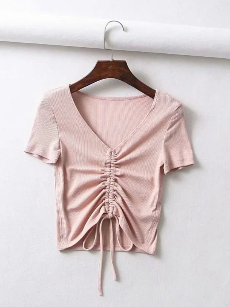 Sexy V Neck Cropped Tank Tops Women Drawstring Tie Up Front Camis Candy Colors Streetwear Slim Fit Ribbed Crop Top 2024