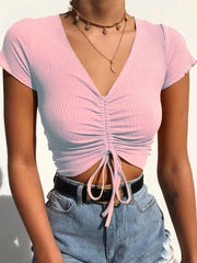 Sexy V Neck Cropped Tank Tops Women Drawstring Tie Up Front Camis Candy Colors Streetwear Slim Fit Ribbed Crop Top 2024