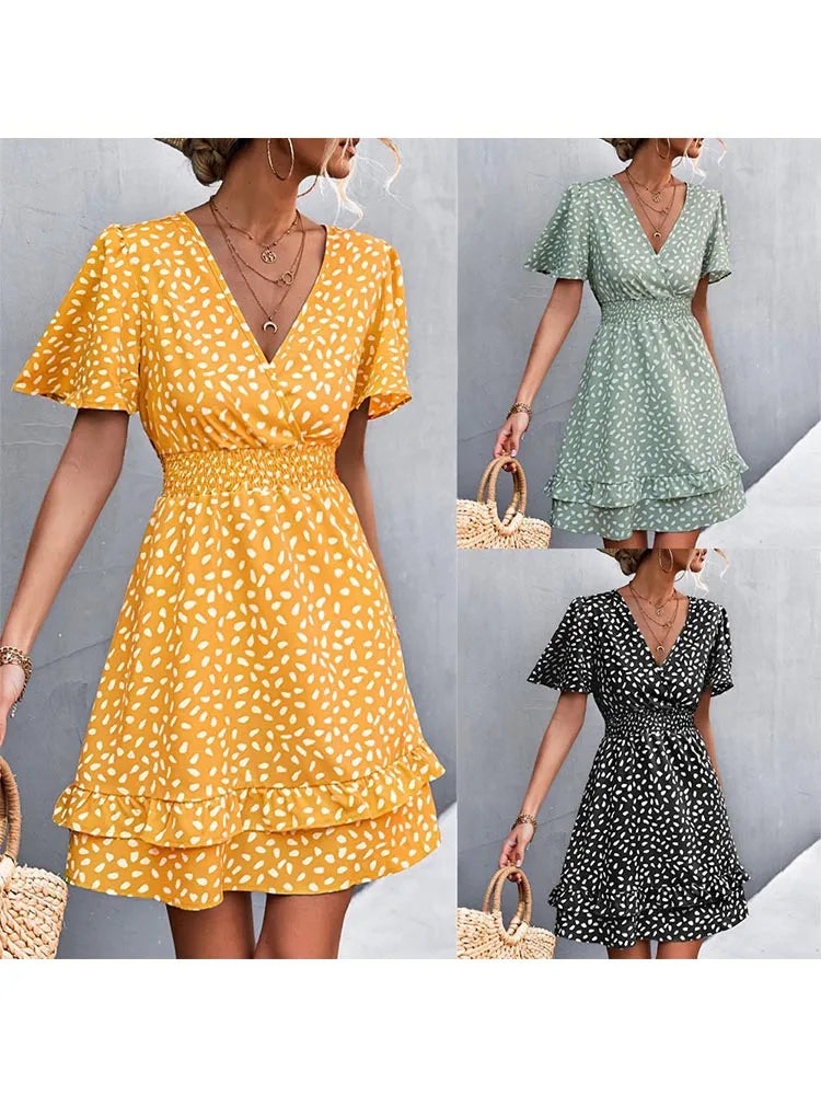 Sexy V Neck Mini Dress For Women Fashion Floral Slim Short Dresses Female Lotus Leaf Sleeve Elegant Dress