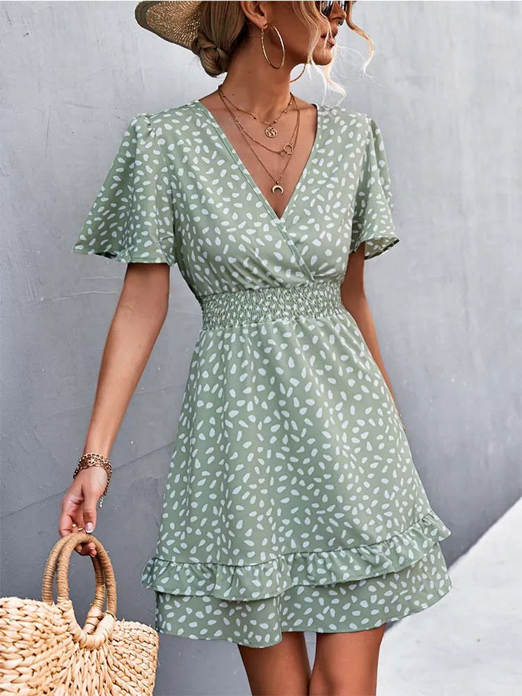 Sexy V Neck Mini Dress For Women Fashion Floral Slim Short Dresses Female Lotus Leaf Sleeve Elegant Dress