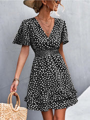 Sexy V Neck Mini Dress For Women Fashion Floral Slim Short Dresses Female Lotus Leaf Sleeve Elegant Dress