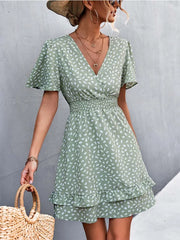 Sexy V Neck Mini Dress For Women Fashion Floral Slim Short Dresses Female Lotus Leaf Sleeve Elegant Dress