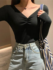 Sexy V Neck Women Sweater Autumn Knitted Pullover Jumper Chic Soft Korean Slim Long Sleeve Female Basic Top New