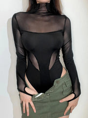 Sexy Wild Women Bodysuit Long Sleeve See Through Skinny Mesh Patchwork Vacation Party Club Streetwear Bodycon Tops