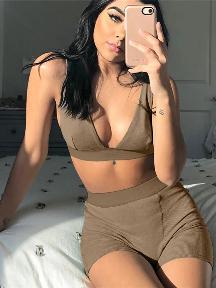 Sexy Women Sleeveless Strap Bra Bustiers Tank Vest Crop Tops High Waist Shorts Pants Trousers Tracksuit Summer 2024