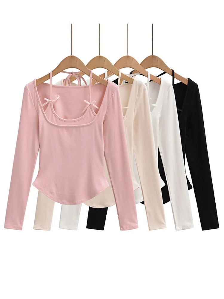 Sexy long sleeve top white korean fashion halter top cropped fake 2 pieces Fall outfits women t shirts crop top pink bow tie