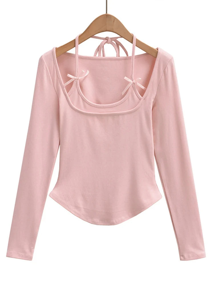 Sexy long sleeve top white korean fashion halter top cropped fake 2 pieces Fall outfits women t shirts crop top pink bow tie