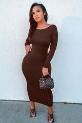 Sexy Open Back Boat Neck Long Sleeve Winter Bodycon Midi Dress - Coffee