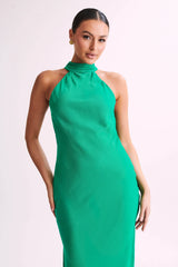 Shaylah Solid Green Satin Drape Back Split Maxi Dress