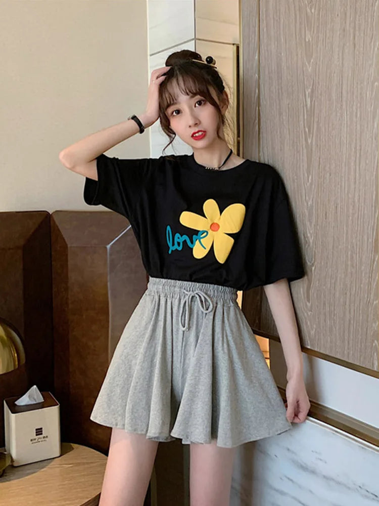 Shorts Women Summer High Waist Black Leisure Loose Sweat Fashion Female Drawstring Korean Style Streetwear