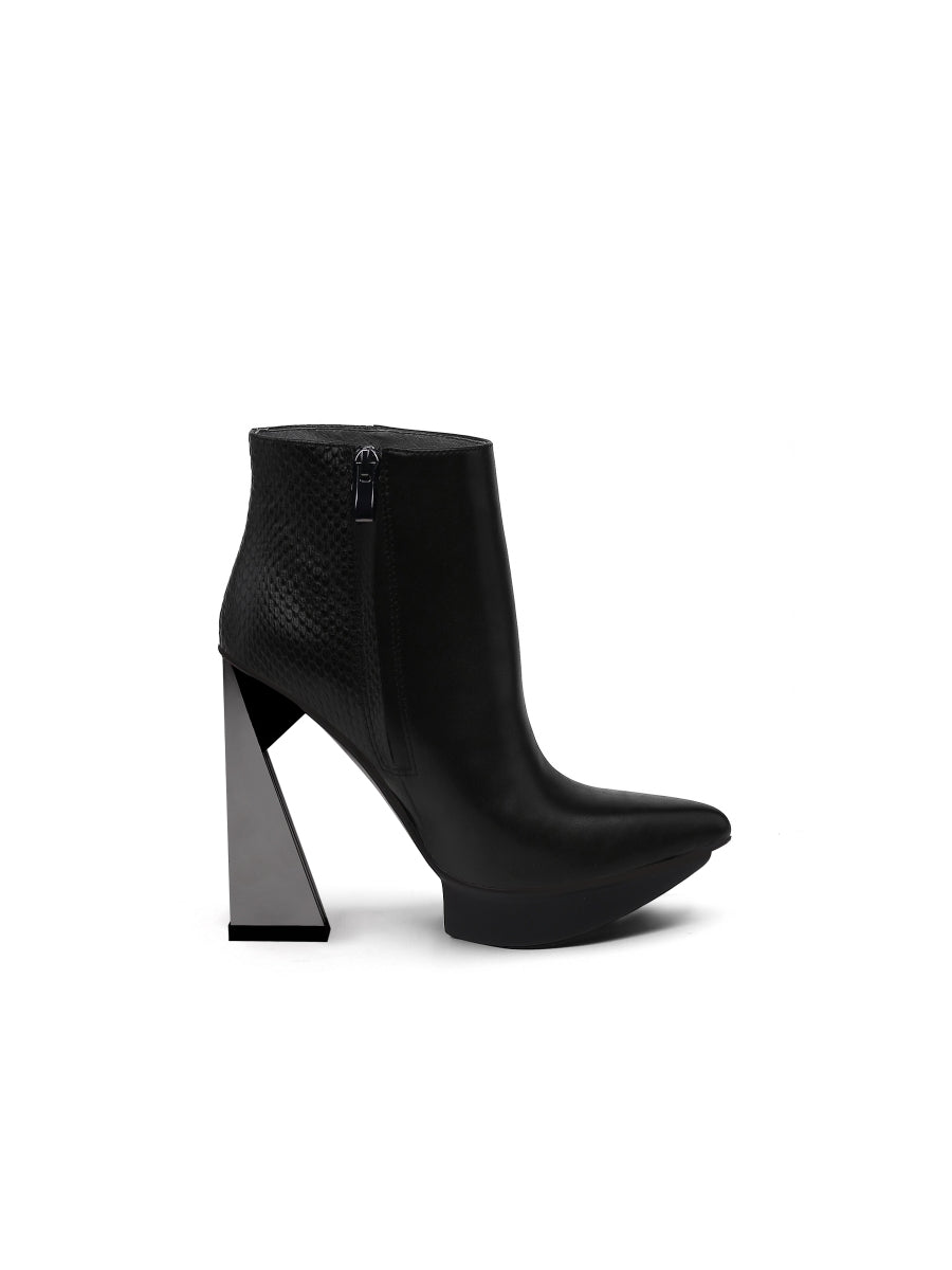 JadyRose | Black Silver Triangled Leather High Heel Ankle Platform Boots