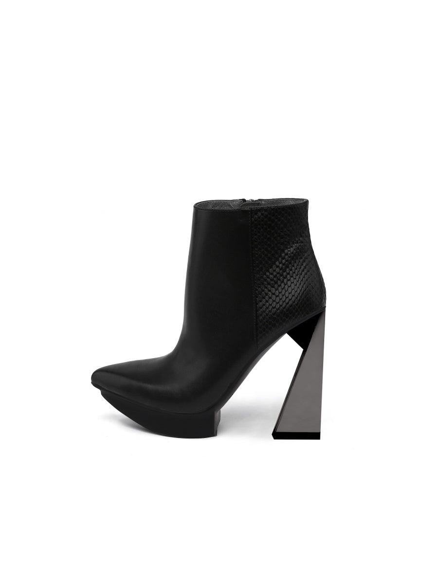 JadyRose | Black Silver Triangled Leather High Heel Ankle Platform Boots