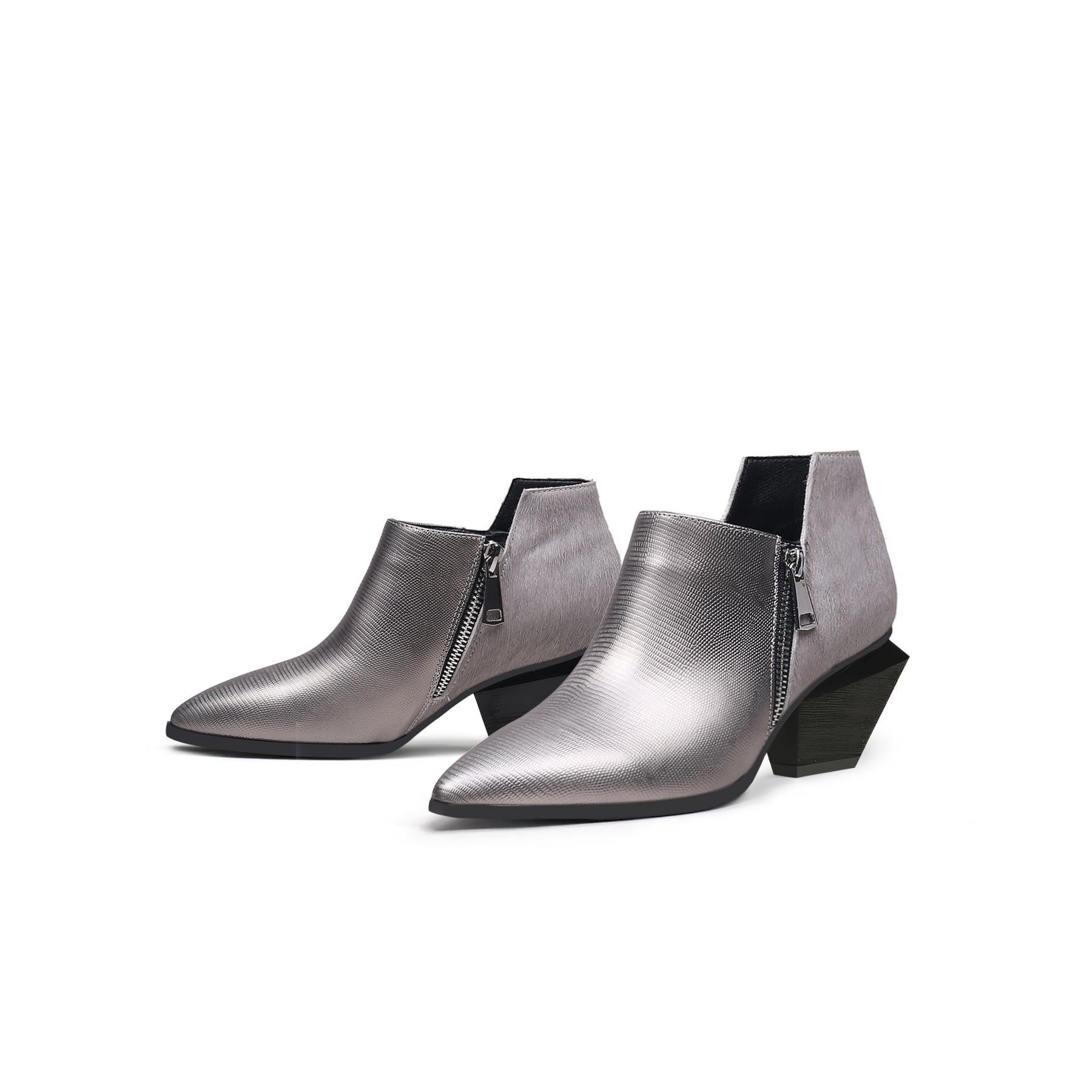 Jady Rose | Block Heel Leather Ankle Bootie - Silver