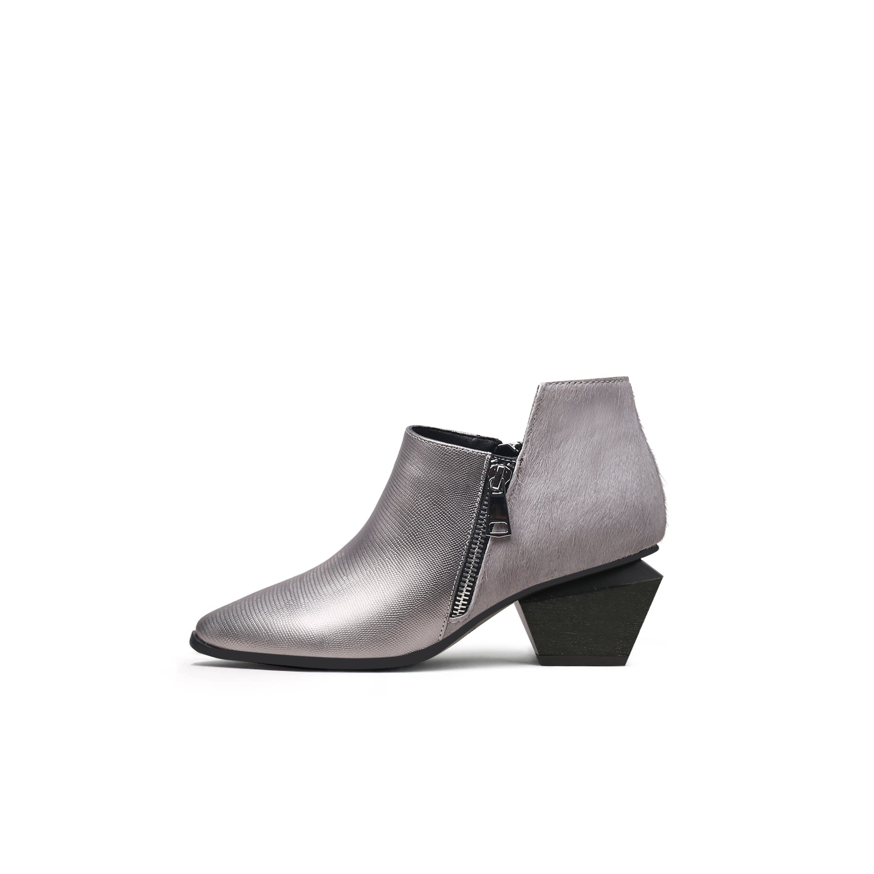 Jady Rose | Block Heel Leather Ankle Bootie - Silver