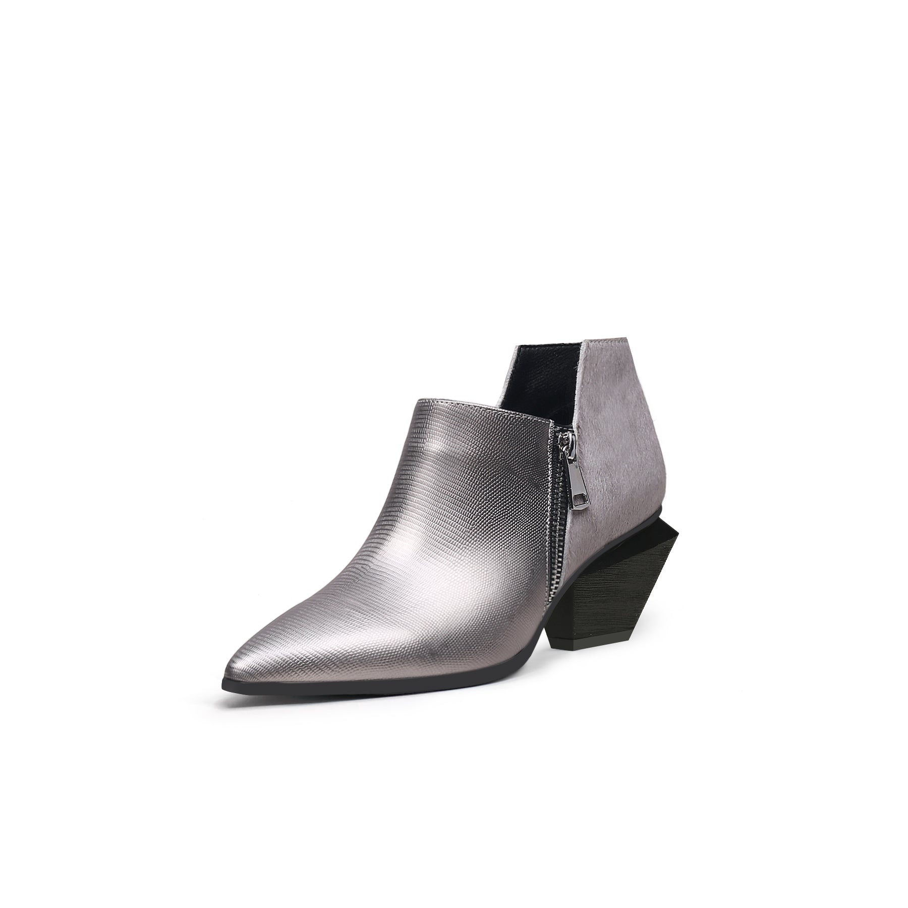 Jady Rose | Block Heel Leather Ankle Bootie - Silver