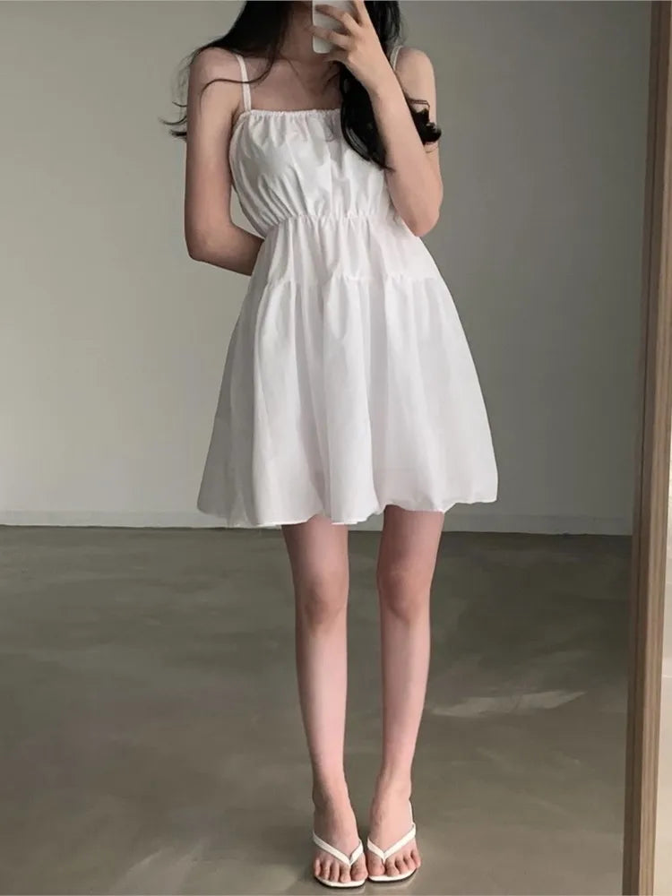 Simple Casual Solid Midi Dress Women Summer New Chiffon Spaghetti Strap Holiday Beach Style Loose Korean Chic Female Vestidos