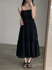 Simple Casual Solid Midi Dress Women Summer New Chiffon Spaghetti Strap Holiday Beach Style Loose Korean Chic Female Vestidos