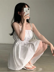 Simple Casual Solid Midi Dress Women Summer New Chiffon Spaghetti Strap Holiday Beach Style Loose Korean Chic Female Vestidos