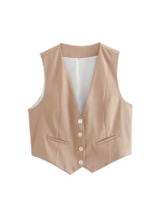 Single Breasted Sleeveless Cropped Vest Casual Fashion V-neck Pocket Short Vests 2024 Women Summer Simple Streetwear Coat Tops