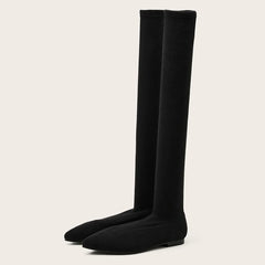 Size 34-40 Women’s Black Thigh High Sock Boots – Slim Leg Stretch Fabric Pointed Toe Flat Heels Over The Knee Slip On Shoes