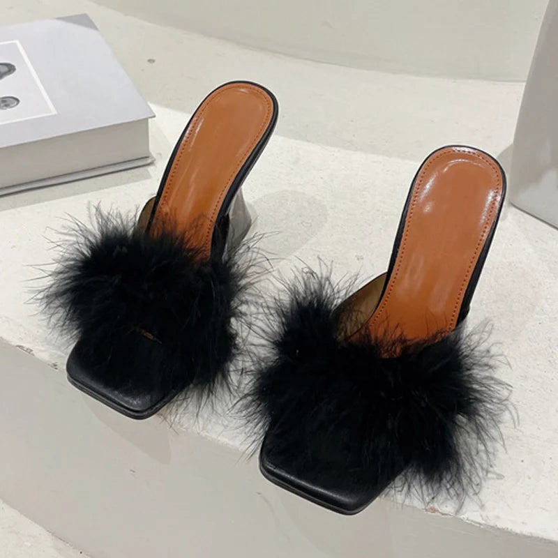 Size 35-41 Transparent Heels Slippers: Sexy Strange Fashion Fur Feather Sandals