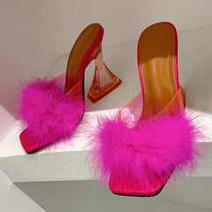 Size 35-41 Transparent Heels Slippers: Sexy Strange Fashion Fur Feather Sandals