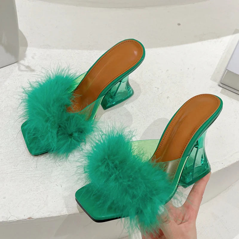 Size 35-41 Transparent Heels Slippers: Sexy Strange Fashion Fur Feather Sandals