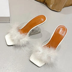 Size 35-41 Transparent Heels Slippers: Sexy Strange Fashion Fur Feather Sandals