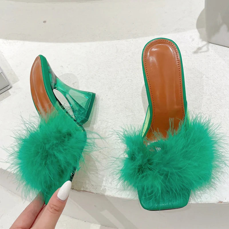 Size 35-41 Transparent Heels Slippers: Sexy Strange Fashion Fur Feather Sandals