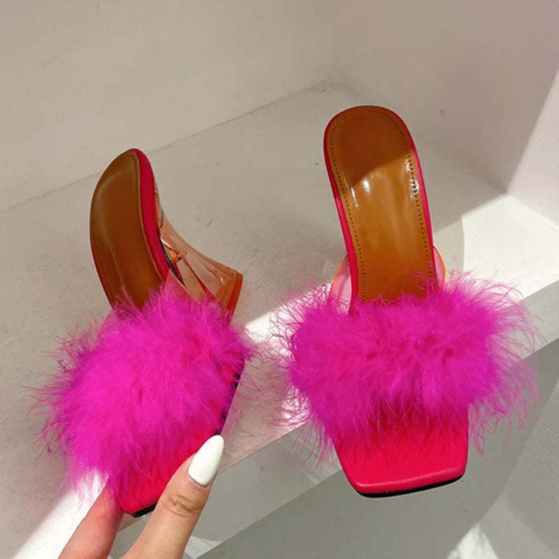 Size 35-41 Transparent Heels Slippers: Sexy Strange Fashion Fur Feather Sandals