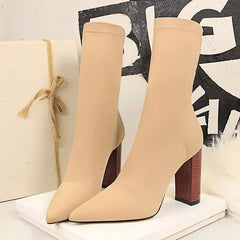 Size 42 43 Women Ankle Boots Square High Heels Pumps Fall Fashion Comfort Stretch Fabric Sock Boot Femme Party Dress Shoes