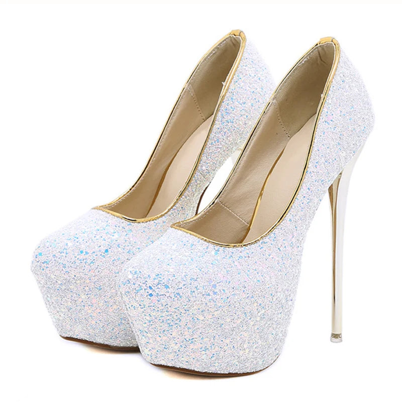 Size 44 45 Women Pumps: Exquisite Sequined Cloth High Heels for Weddings