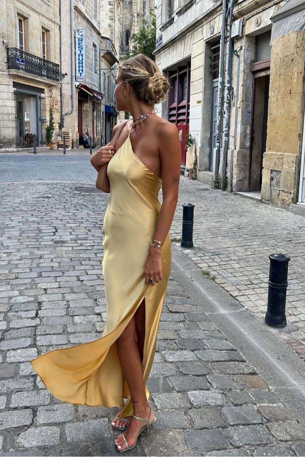 Slaia Gold Open Back Satin Slit Maxi Dress