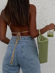 Sleeveless Chic Fashion Mesh Ruched Halter Bodysuit Women Female Tie Up Backless Body Suit Feminino Top Streetwear