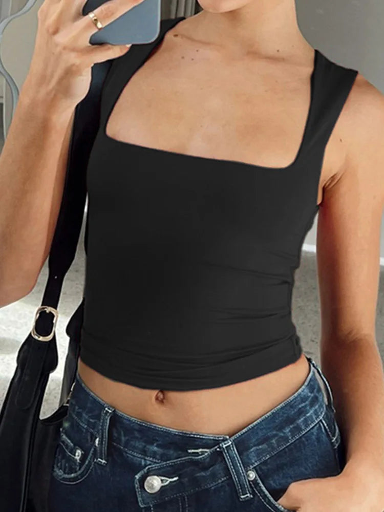 Sleeveless Collar Crop Top Women Tank Tops Casual Y2K Summer 2024 Black T Shirts Sexy