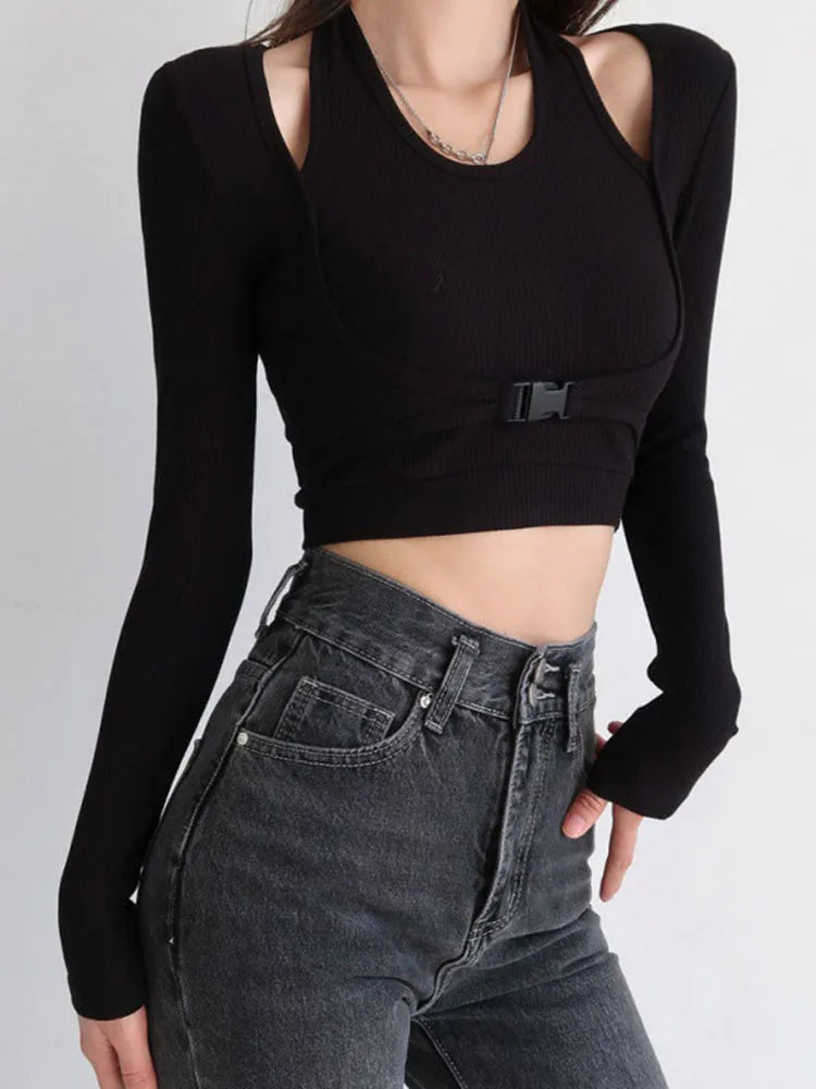 Slim Fit Long Sleeve T-shirts Women Solid Stylish Simple Chic Halter Fake-two Pieces Crop Tops Female All-match Fashion