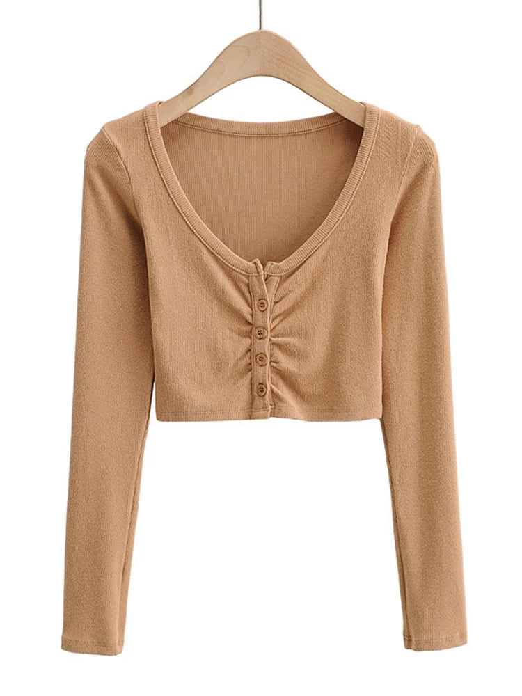 Slim V-neck Long Sleeve Bottomed Womens Tops And Blouses High Street Solid Color Open Navel Cardigan