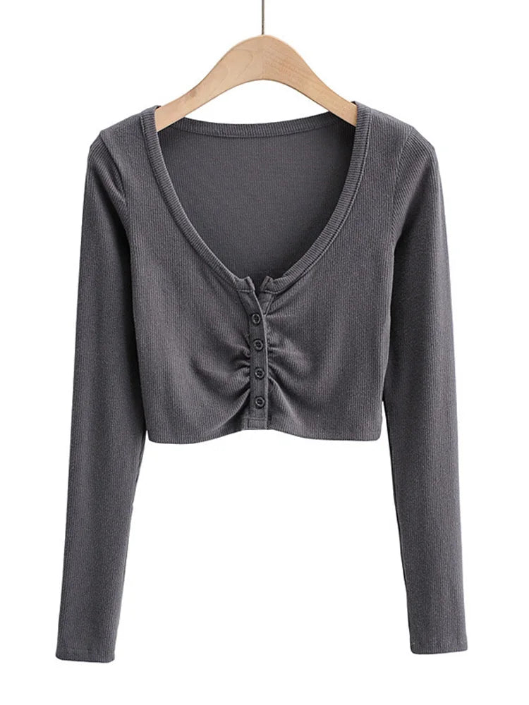 Slim V-neck Long Sleeve Bottomed Womens Tops And Blouses High Street Solid Color Open Navel Cardigan