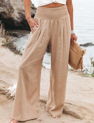 Smocked Waist Side-seam Wide Leg Linen Pants