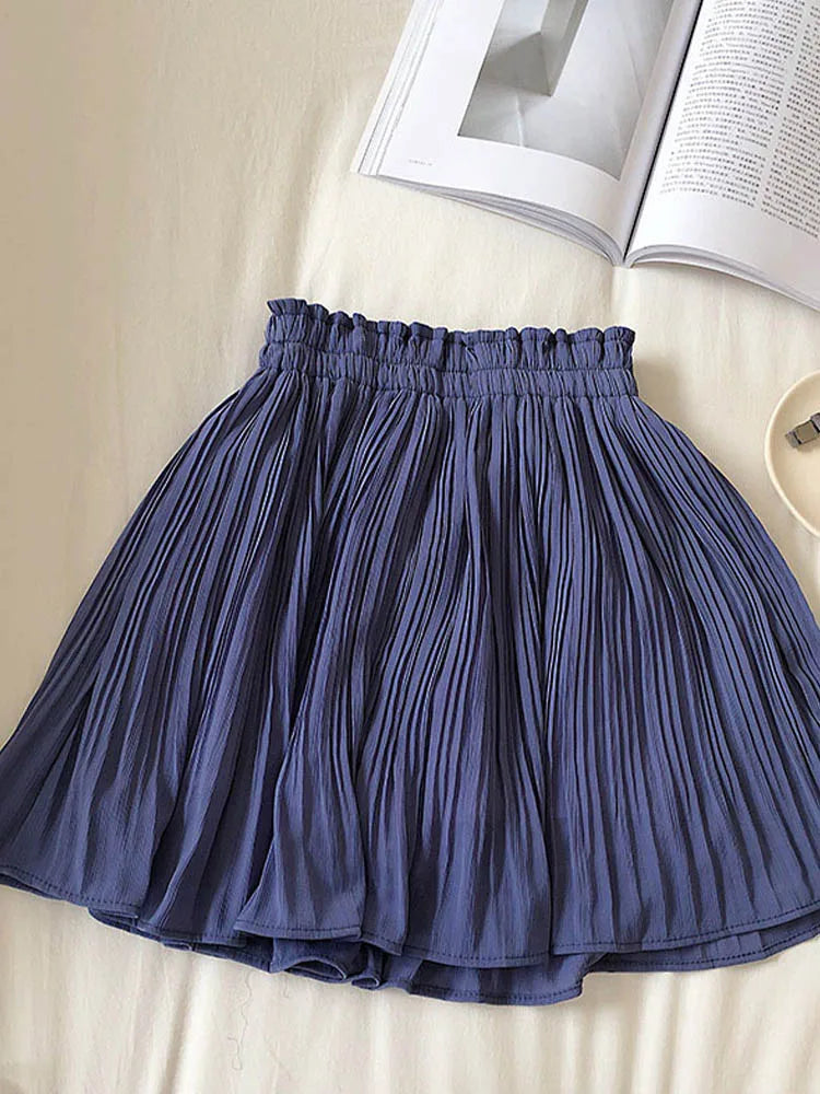 Solid Chiffon Summer Shorts Skirt Women 2024 Fashion Korean Elastic Waist Pleated Mini Skirt Casual Beach Faldas Saias