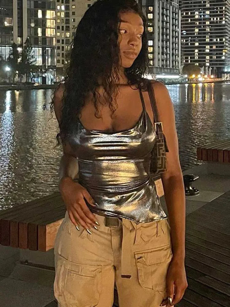 Solid Color Shiny Bodycon Sexy Style Vest Top 2024 New Summer Ladies Camisole Casual Basic